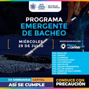Atenderá Municipio diez zonas con bacheo este miércoles 29 de julio